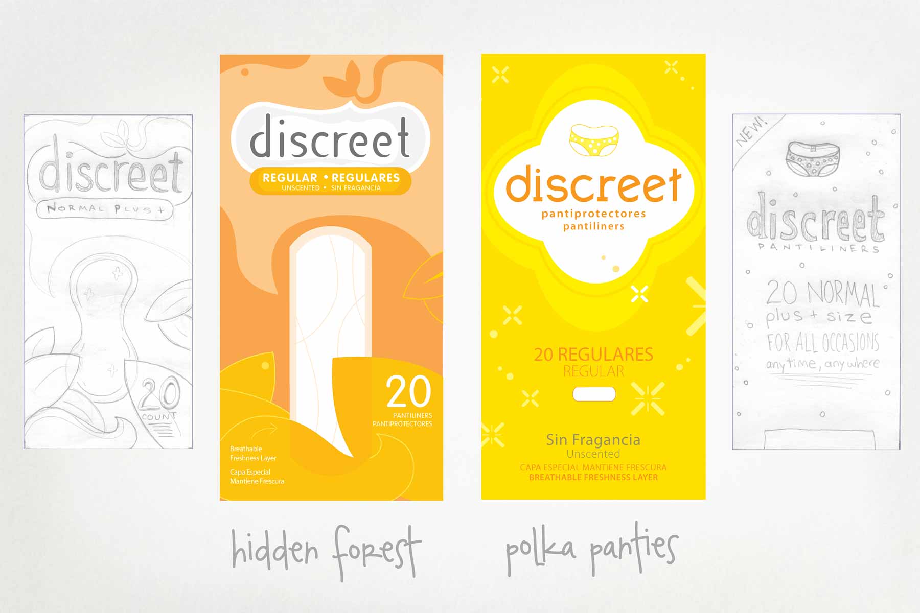 Concept sketches and design execution for Discreet pantiliners. Created for Girvin.