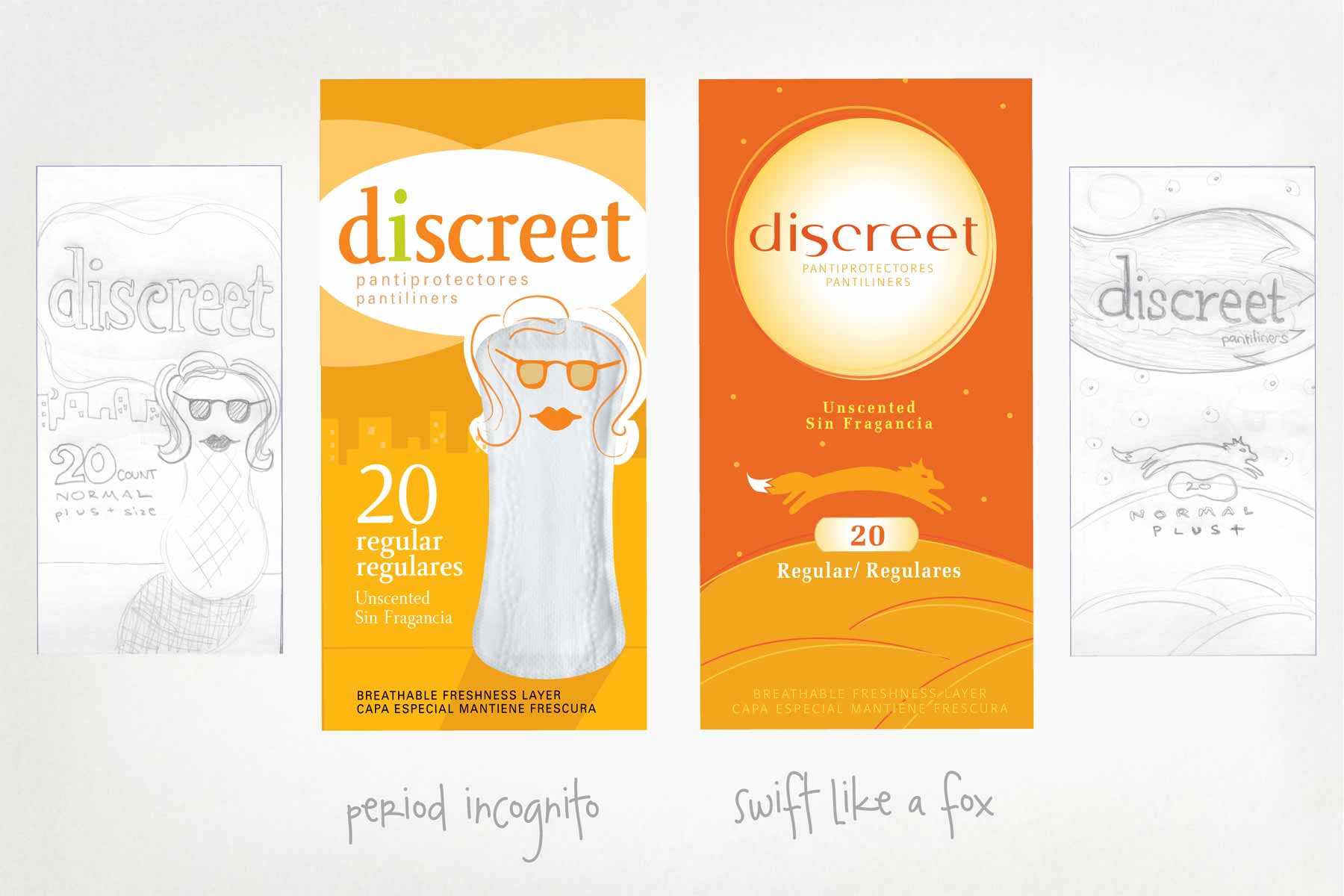 Concept sketches and design execution for Discreet pantiliners. Created for Girvin.