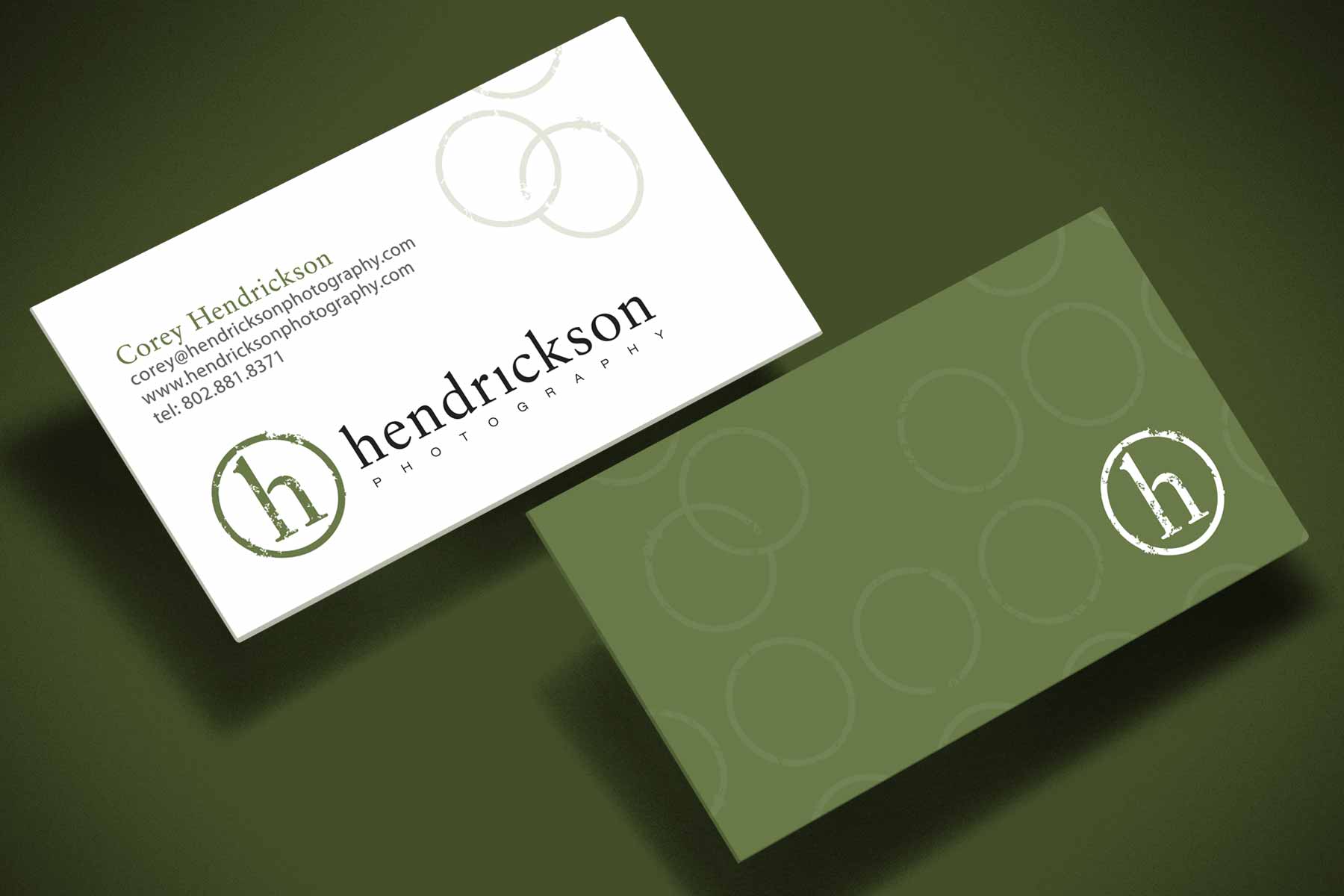 Business card design for Hendrickson Photography. Winner of the 2010 American Graphic Design Awards.