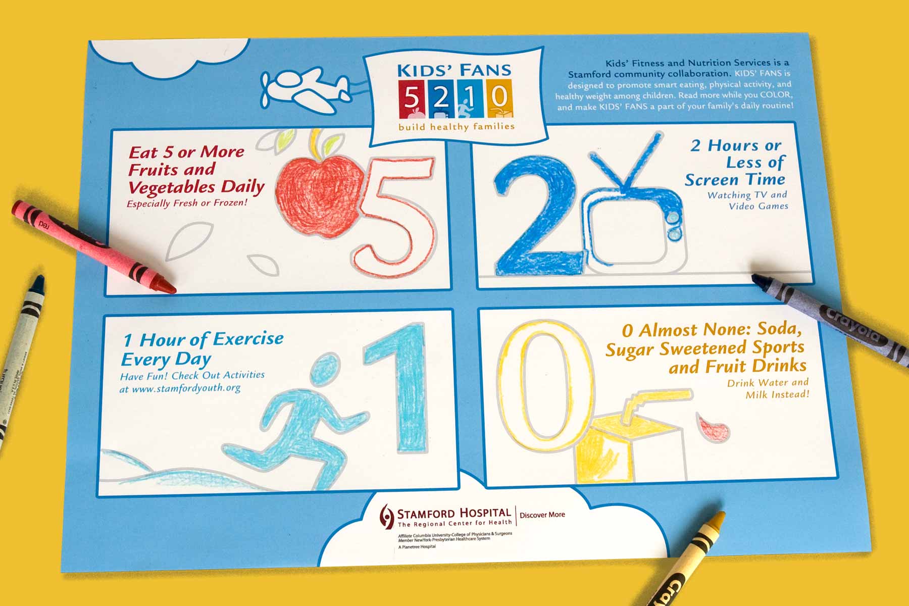 Brand identity and Placemat design for Kids Fans, Stamford Hospital.